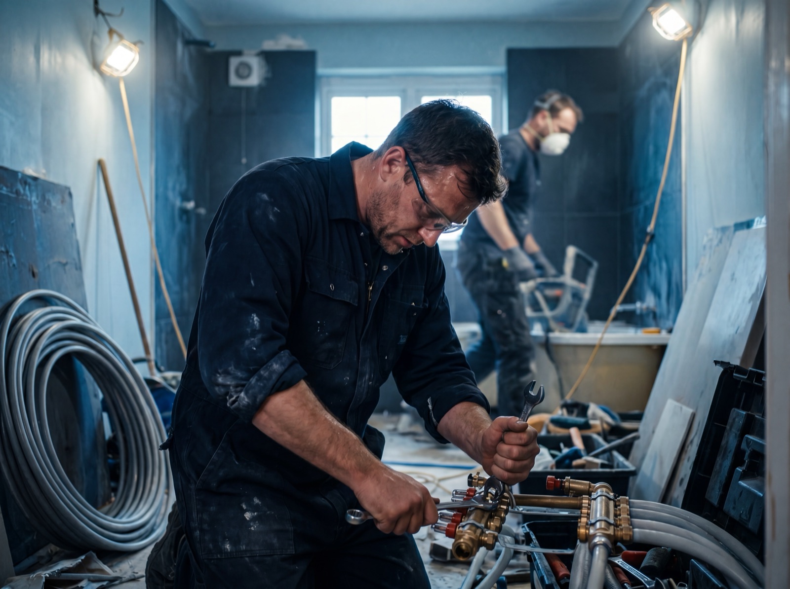 Handwerker arbeitet an einem Heizungsverteiler