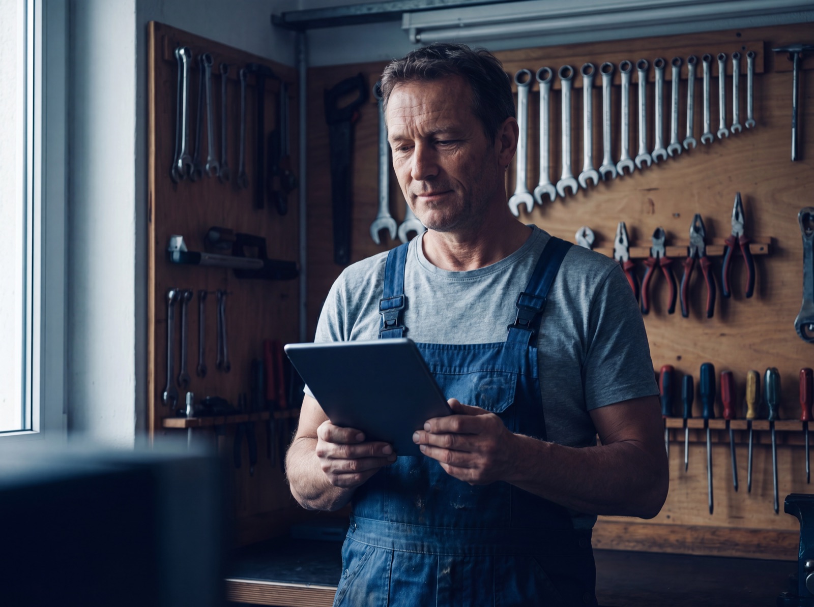 SHK-Handwerker mit Tablet vor einer Werkzeugwand